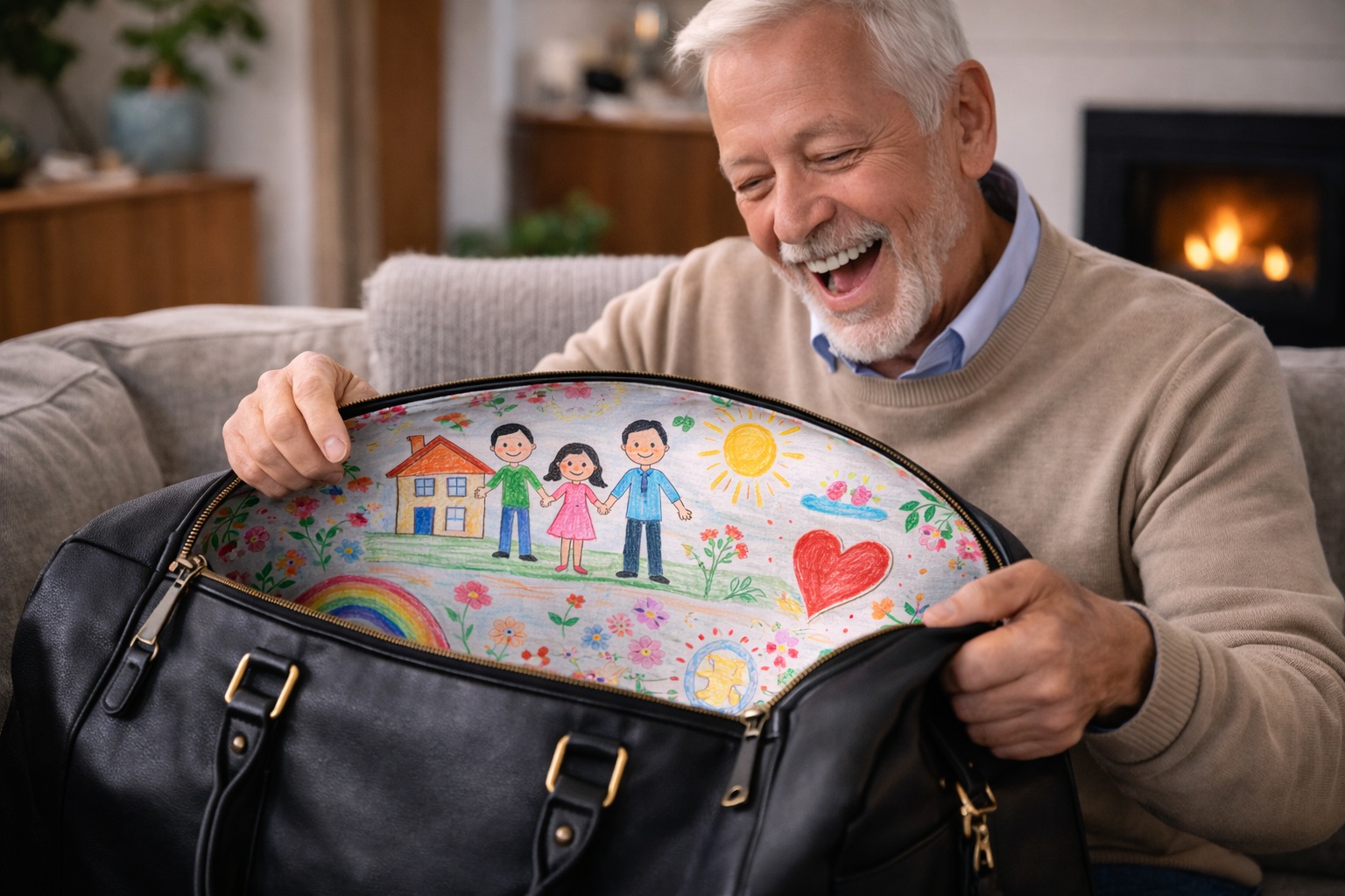A JackalBerry bag with a lining printed with children’s drawings