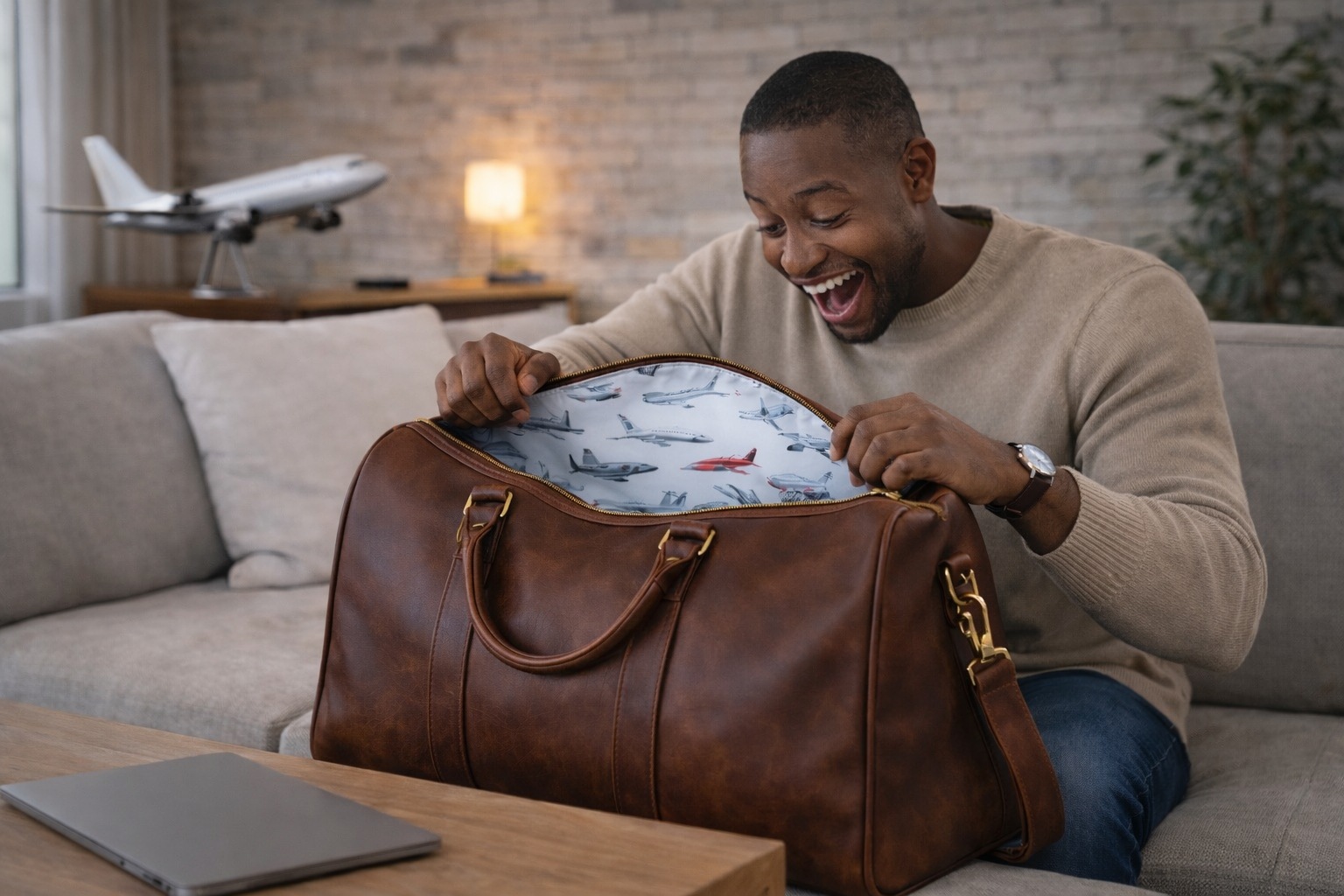 A leather duffel with a custom lining printed with aeroplanes