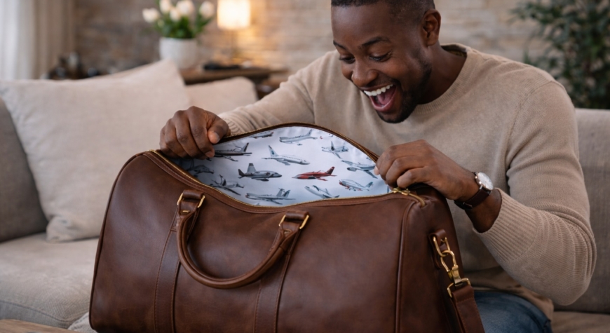 A man delighted as he opens a personalised JackalBerry leather duffel with an aeroplane lining